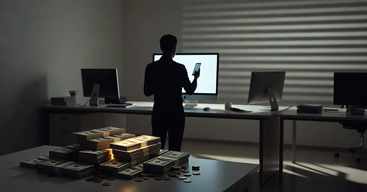 Silhouetted person with phone near computer as money stacks glow, representing whistleblower reward program