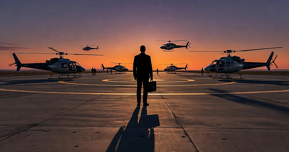 Silhouetted figure on helicopter pad at dusk with multiple aircraft in background