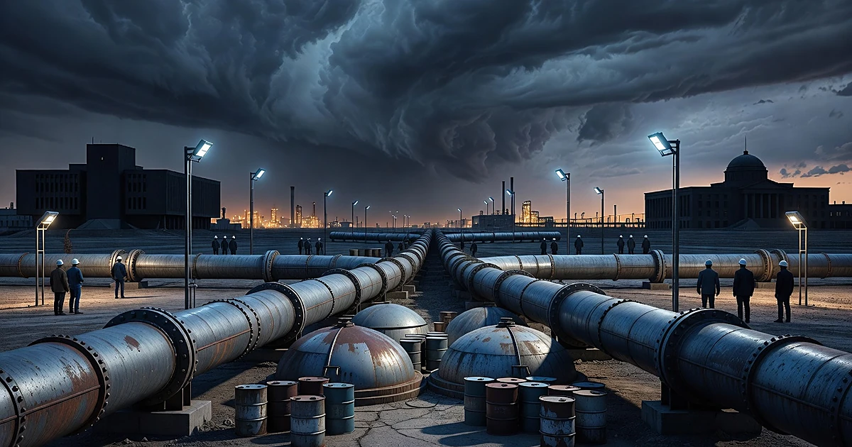 Industrial diesel pipeline splitting in two directions with fuel storage tanks and distant building silhouettes