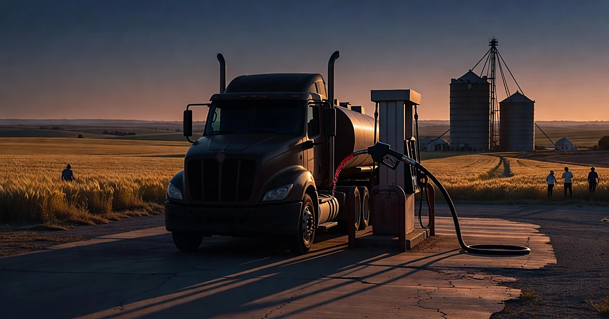 Silhouetted truck at diesel pump with red fuel flowing, farmland and silos in background at sunset