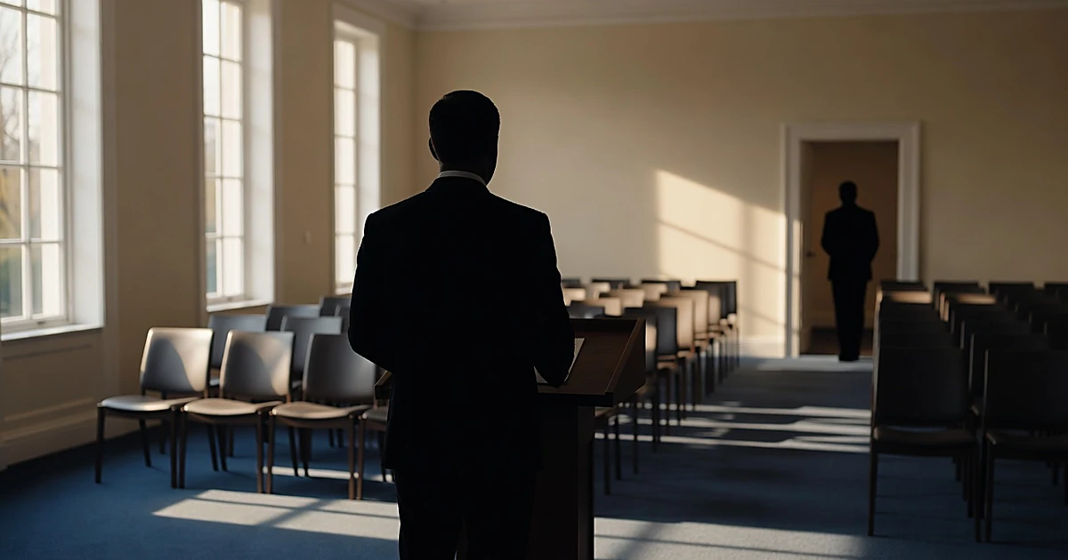 Silhouette at White House press briefing podium with empty chairs, another figure departing through doorway