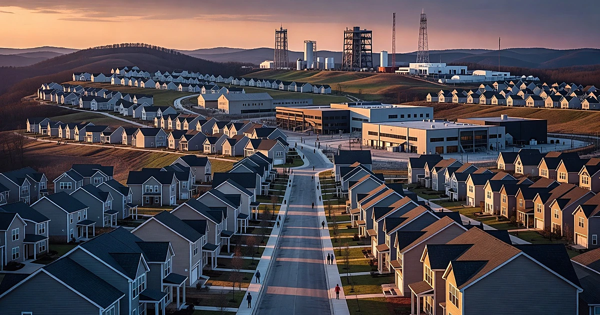 New suburban housing development spreading across Alabama hills with industrial buildings in distance at dusk