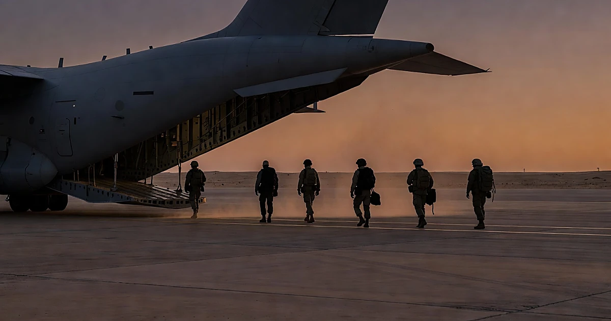 Military transport plane on desert airbase at dusk with silhouetted troops walking away across empty tarmac