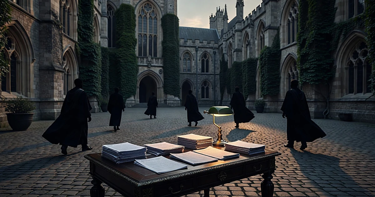 University campus with silhouetted figures and desk covered in blank visa documents under dramatic lighting
