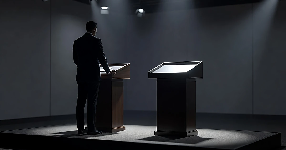 Two podiums on stage, one with silhouetted figure, one empty and spotlit, suggesting divergent political positions