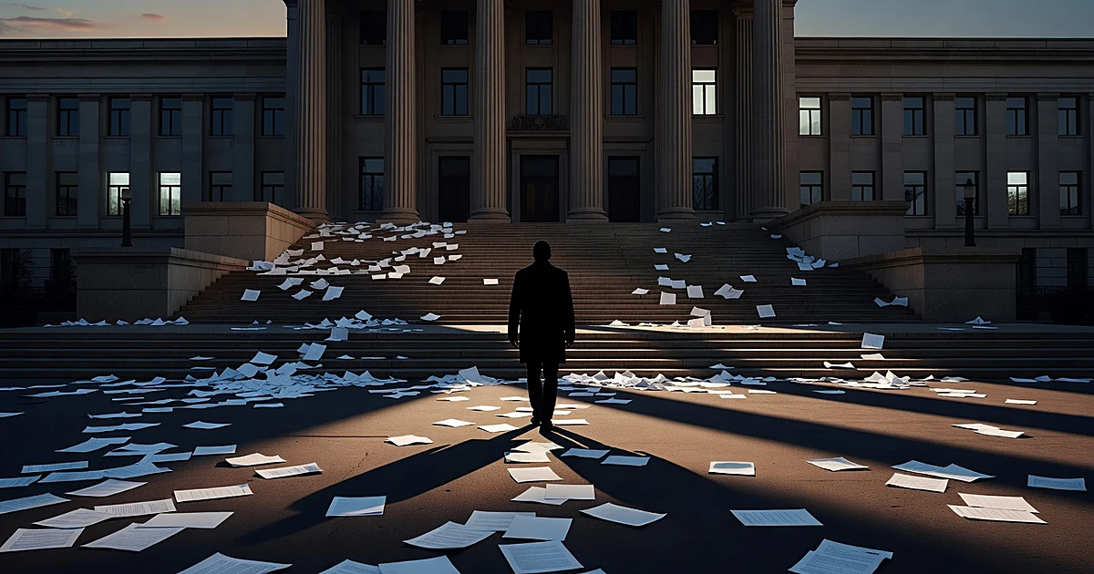 Silhouetted figure walking away from government building with scattered blank papers on steps at dusk
