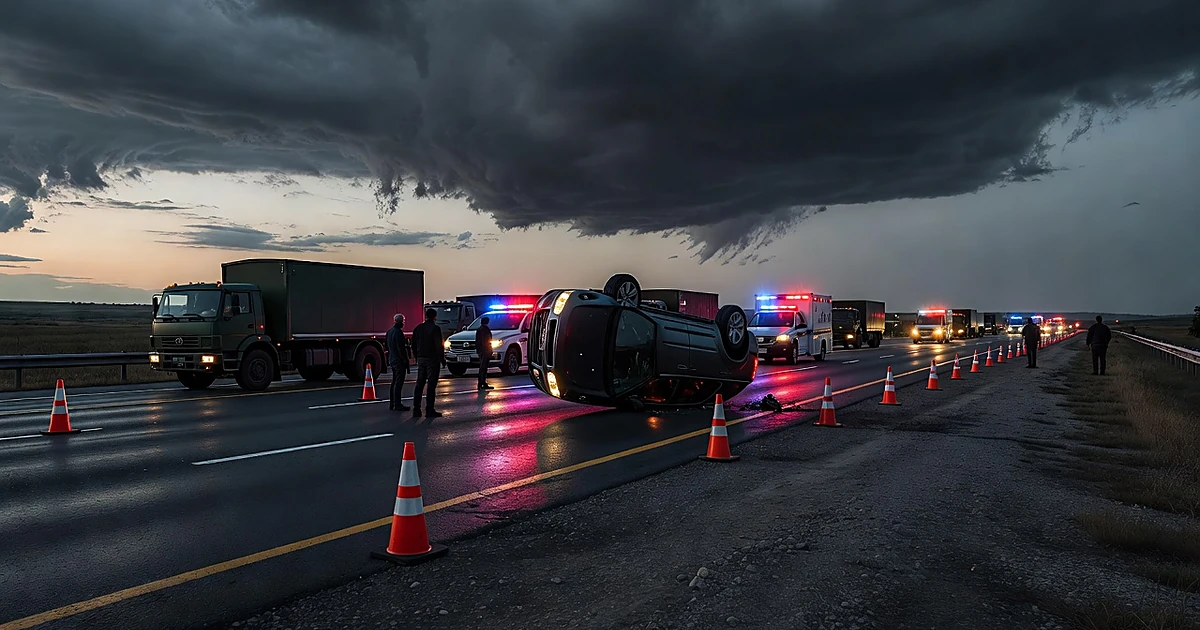 Overturned vehicle on highway shoulder with emergency lights and silhouetted figures near military vehicles at dusk