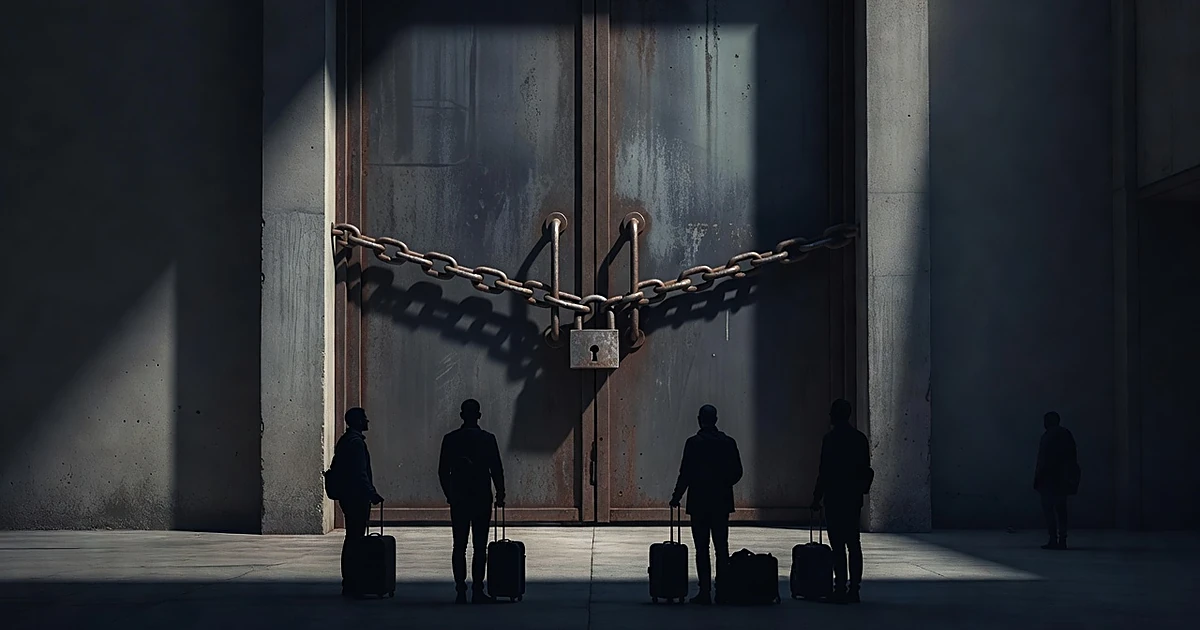 Silhouetted figures with luggage stand before a chained and locked institutional doorway in dim lighting